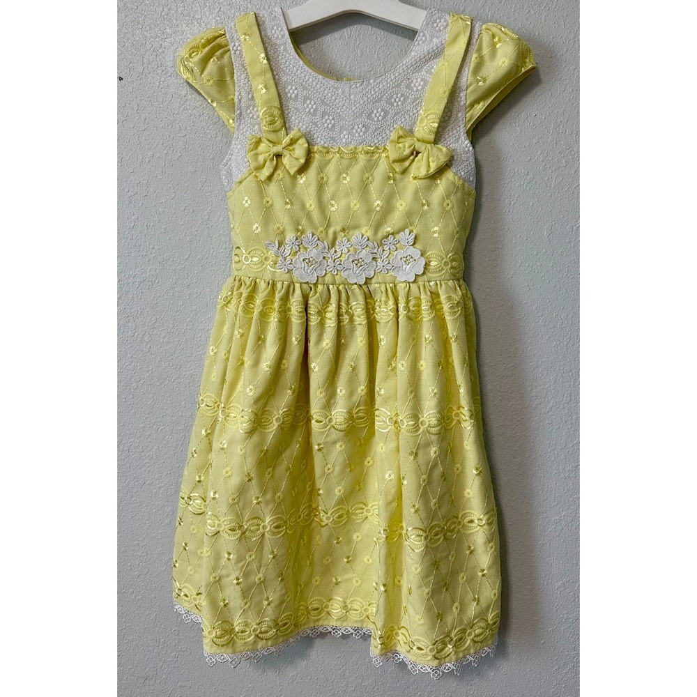 La Fille Girls Yellow Lace Bows Flowers Dress Size 4‎